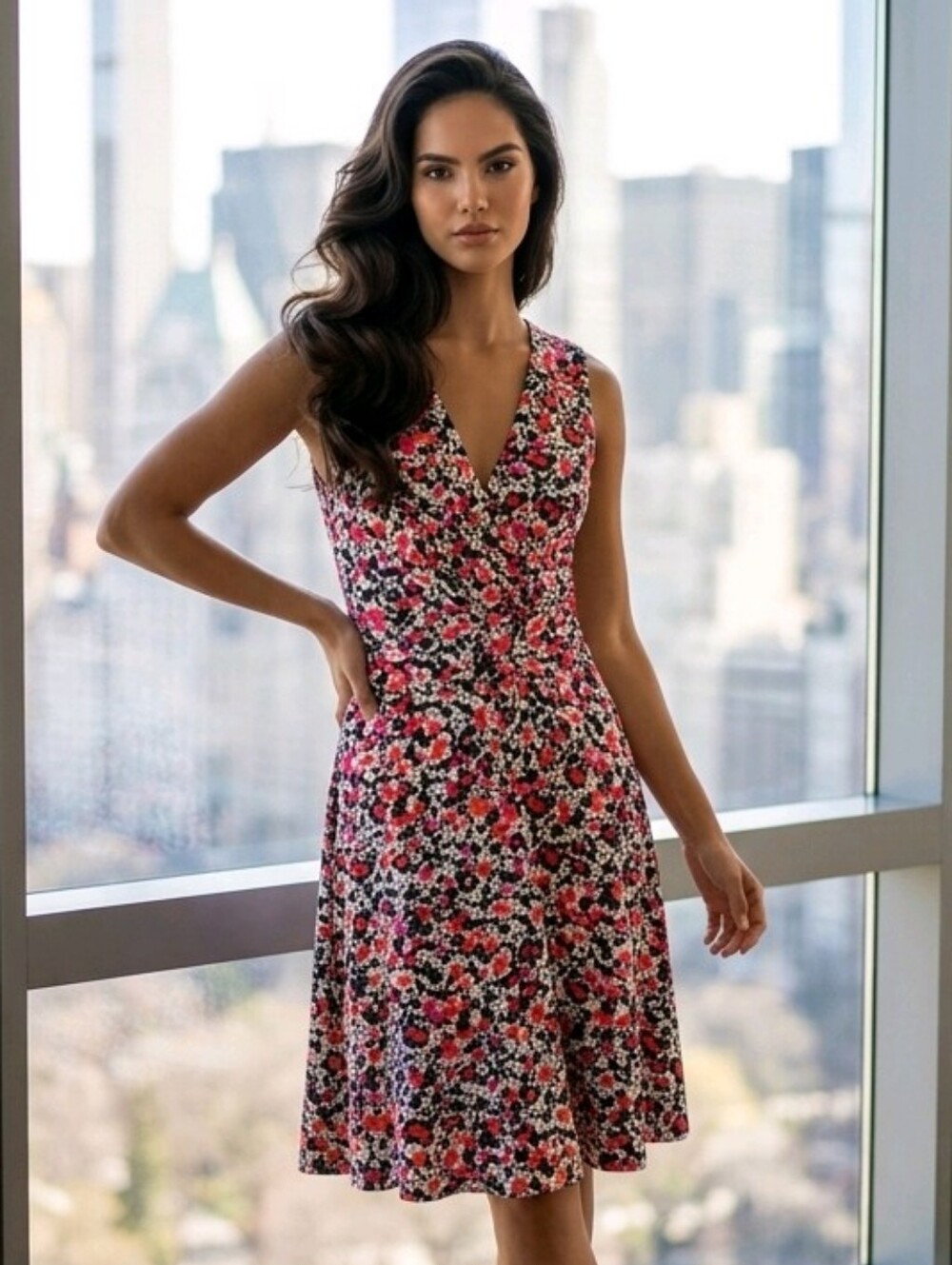 Tommy Hilfiger 6 Floral Fit Flare Dress Faux Wrap Knot Waist Stretch Preppy NWT